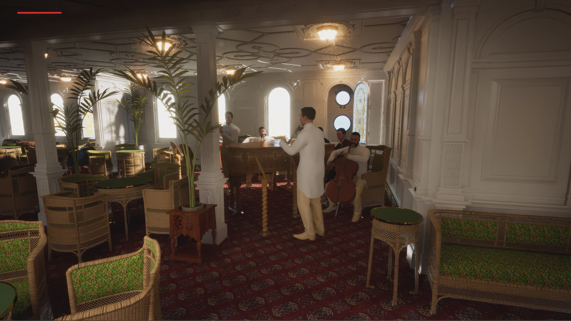 Musicians performing in a richly furnished lounge aboard Titanic in the game
